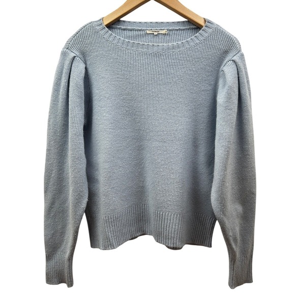 Tularosa Sweaters - Tularosa Ribbed Knit‎ Sweater Womens M Lt Blue Shoulder Ruffle Detail Wool Blend